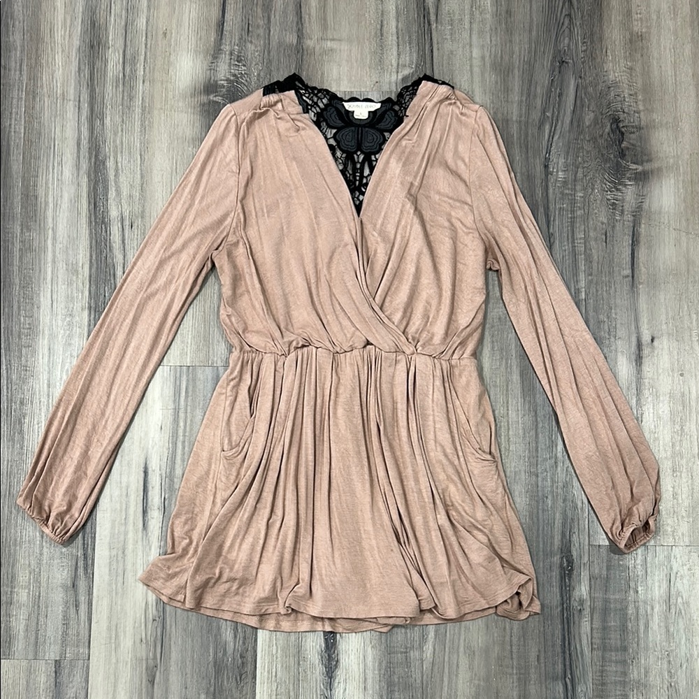 Double Zero Tan Long Sleeve Pleated Jumpsuit